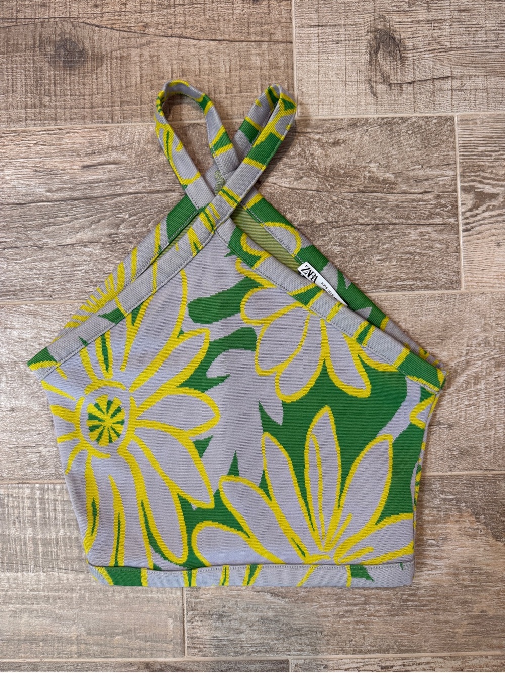 ZARA Green m & Yellow Floral Cropped Halter Top